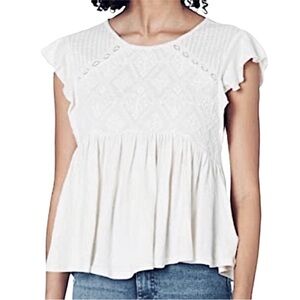 Lucky Brand White Flutter Sleeve Embroidered Top, Size L